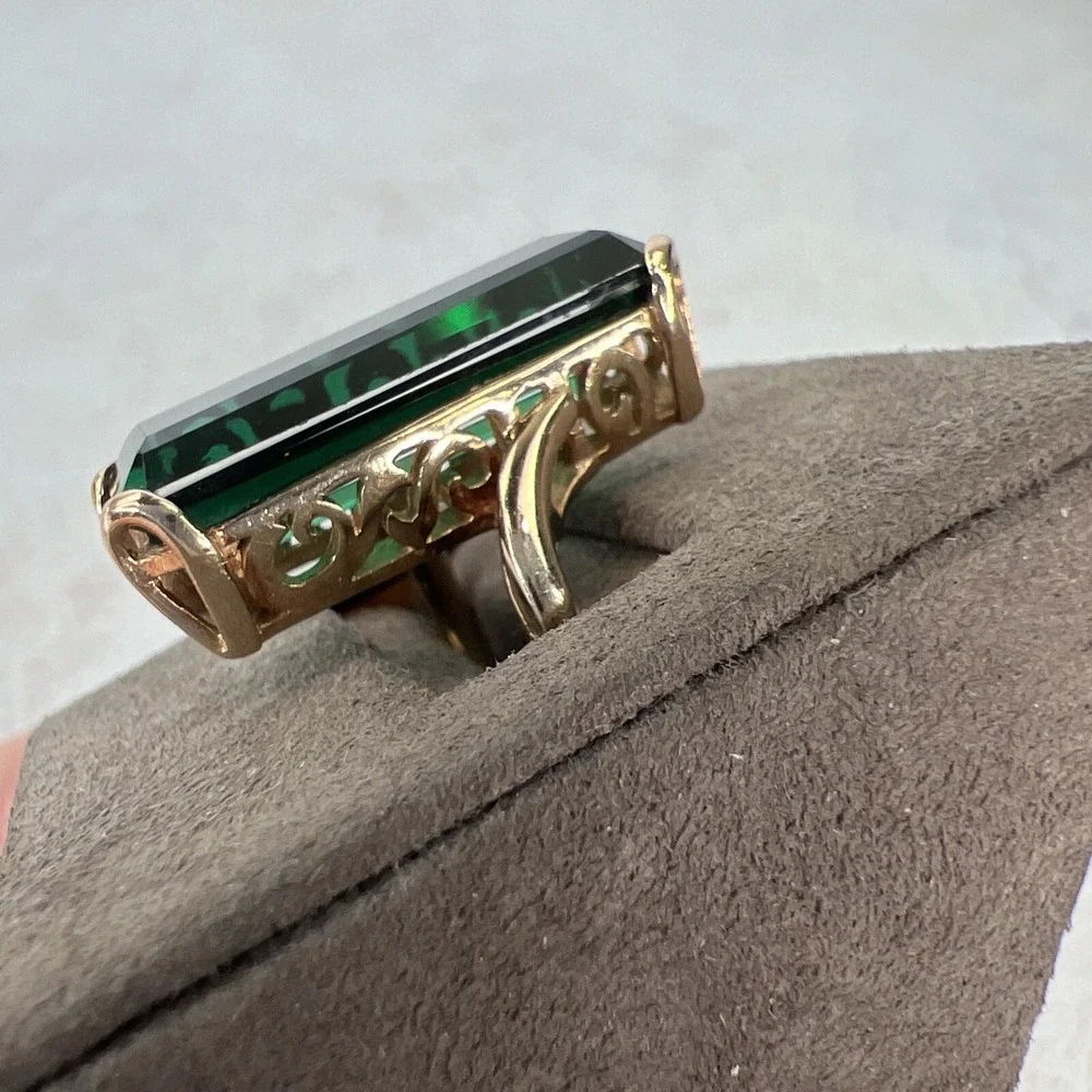 13.5ct Emerald Cut Green Tourmaline Ring 14K Yellow Gold Large‎ Estate Cocktail